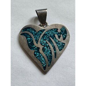 1.75 Inch AVM Mexico 925 Sterling Silver Slide Closure Heart Pendant w/ Blue Gem